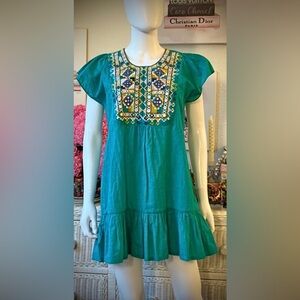 Figue Boho Embroidered Mini Dress Ruffled Hem in green color Size Small